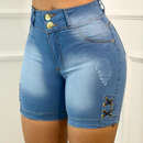 Short Jeans Feminino Cintura Alta com Lycra e Ilhós Lateral
