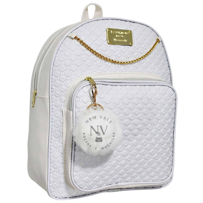 Mochila Feminina Fashion em Courino com Chaveiro Pompom