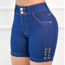 Short Jeans Feminino Cintura Alta com Lycra e Ilhós Lateral
