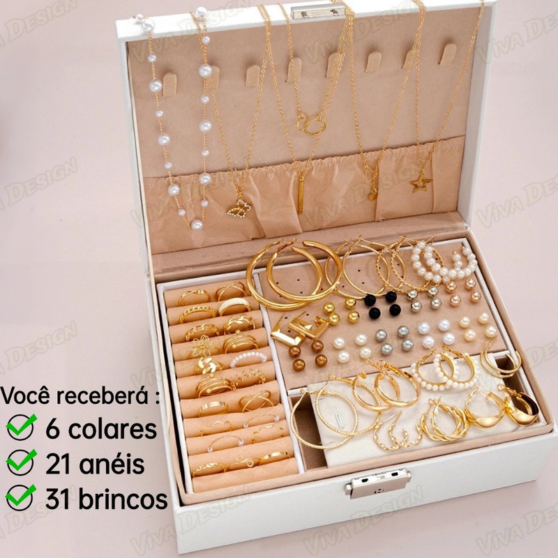Kit de Joias Femininas Douradas com Colares, Anéis e Brincos
